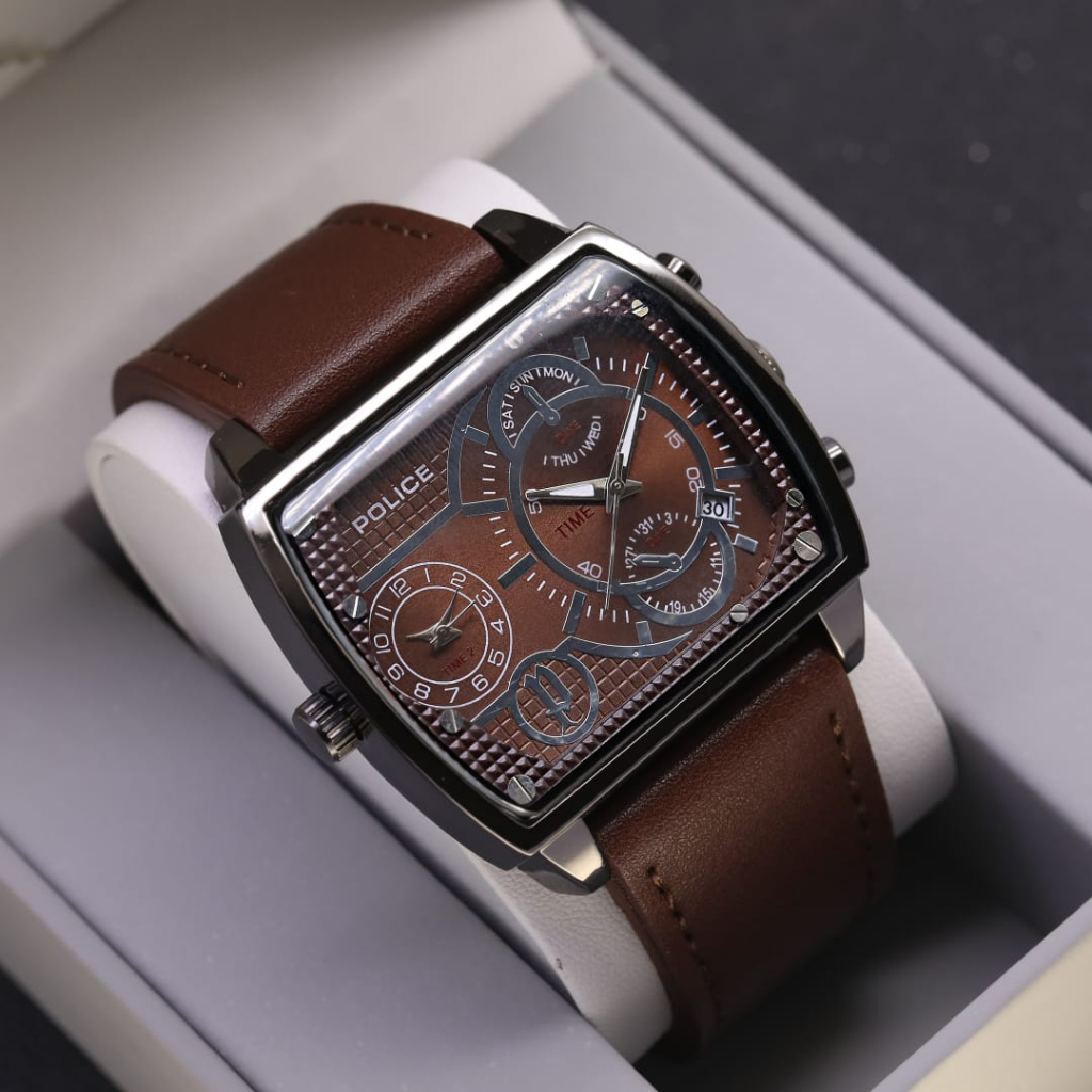 Jam Tangan Pria Police Tali Kulit  Double Time Body Segi Chrono Variasi Tanggal Aktif