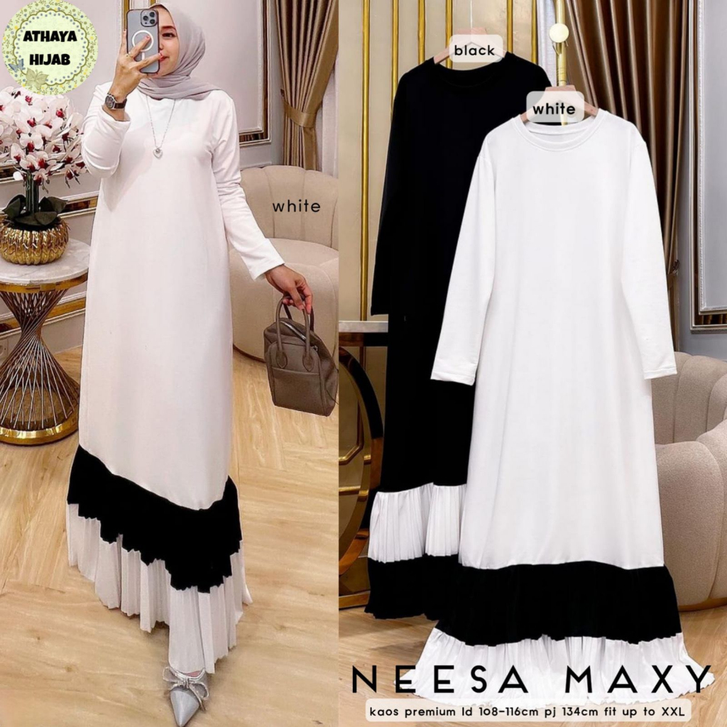 Neesa Maxy Dress Gamis Polos Jumbo Hitam Putih Terbaru Kaos Premium LD 116 By Athaya Hijab