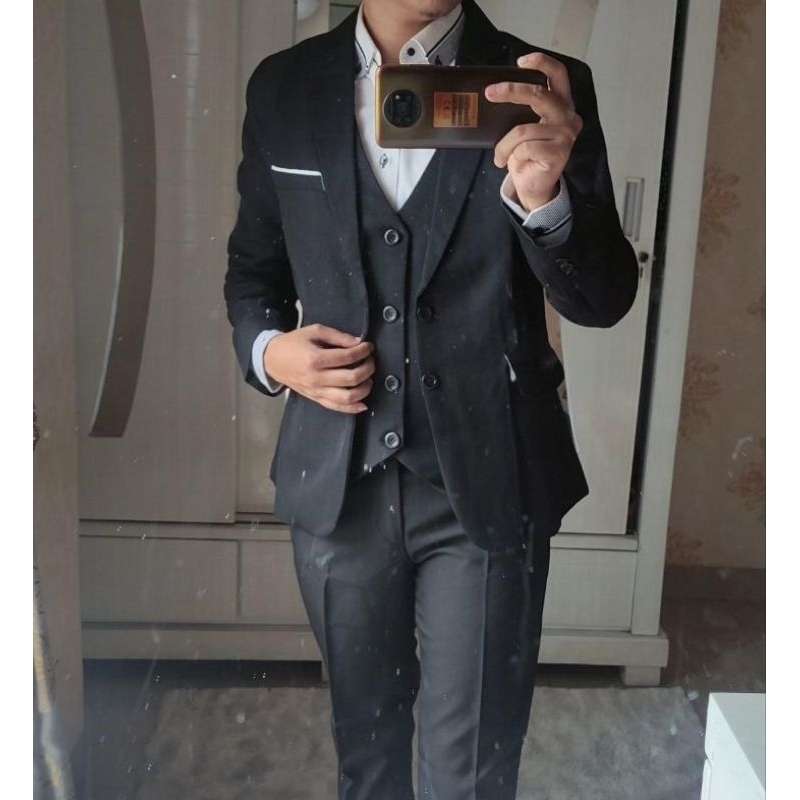 Terbaru Terkeren Jas blazer motif Terbaru Hitam Lis putih, Jas Pria High Twist Hitam lis putih Kekin