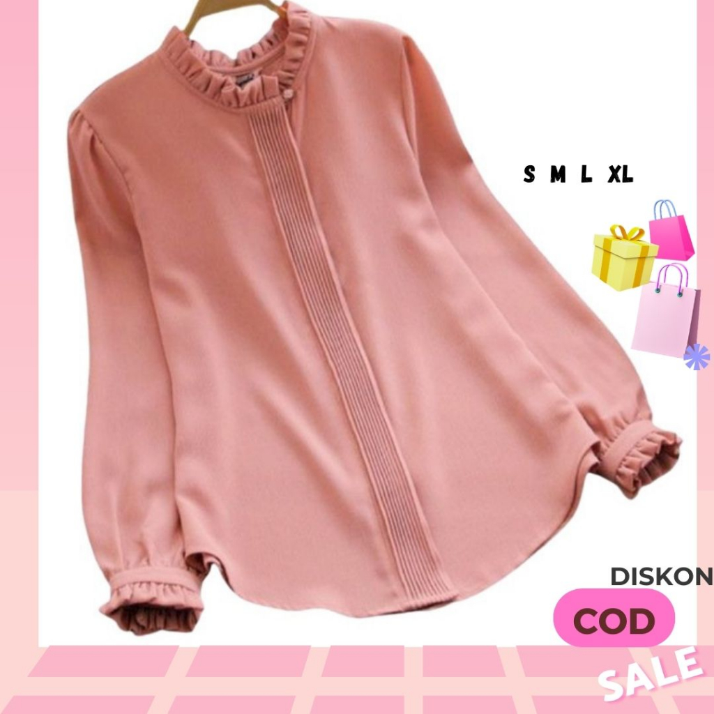 Atasan Kemeja Polos Blouse Wanita Remaja Dewasa Murah Kekinian Terbaru 2023 Lengan Panjang Warna Abu