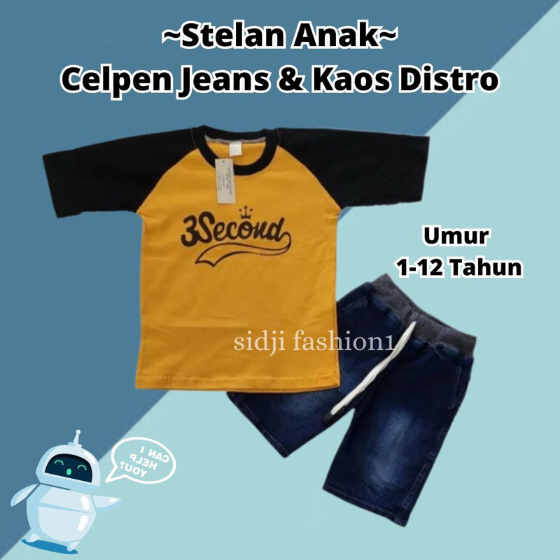 setelan anak celana jins pendek + kaos distro anak umur 1-10 tahun | STELAN ANAK UNISEX SEMI JEANS U