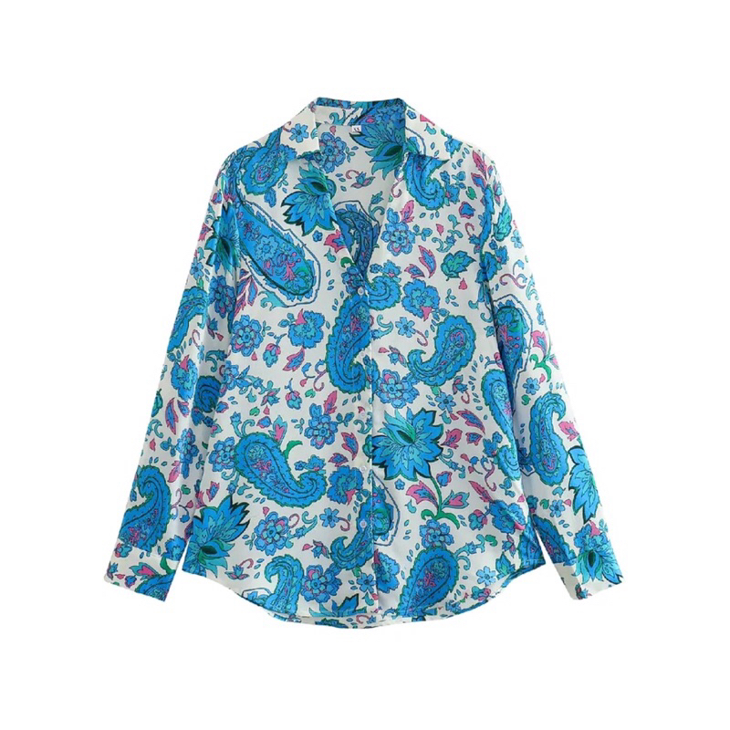 Atasan Wanita Kemeja Lengan Panjang Turquoise Paisley