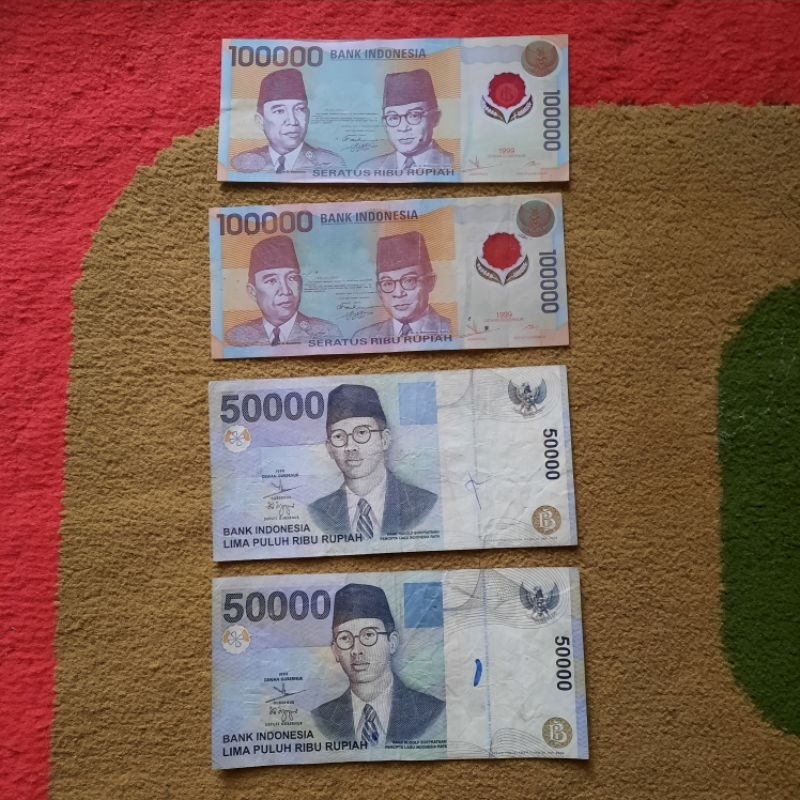 Uang kuno 100 ribu polymer dan 50 ribu supratman 4 lembar