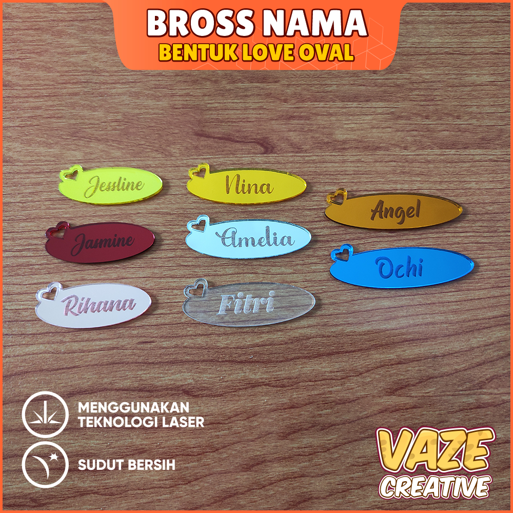 BROSS NAMA OVAL LOVE / CUSTOM BROSS NAMA Grafir Gold Dark Rose Silver Yellow Blue Mirror Emas Kuning