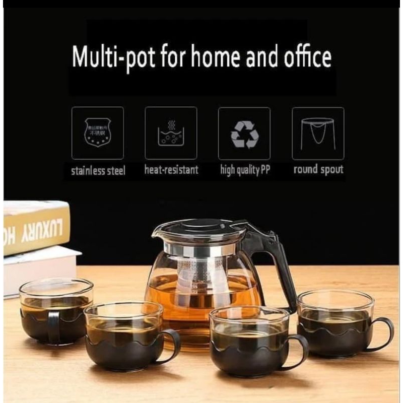 Set 5 in 1 Tea Pot, Teko Kaca Dengan Saringan