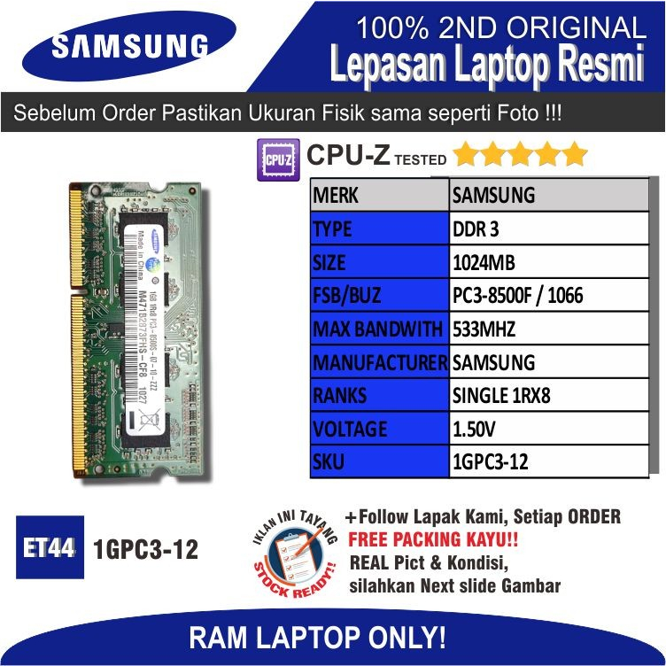 ET44 1GPC3-12 RAM MEMORY Laptop SAMSUNG PC3-8500F 1024MB SINGLE 1RX8