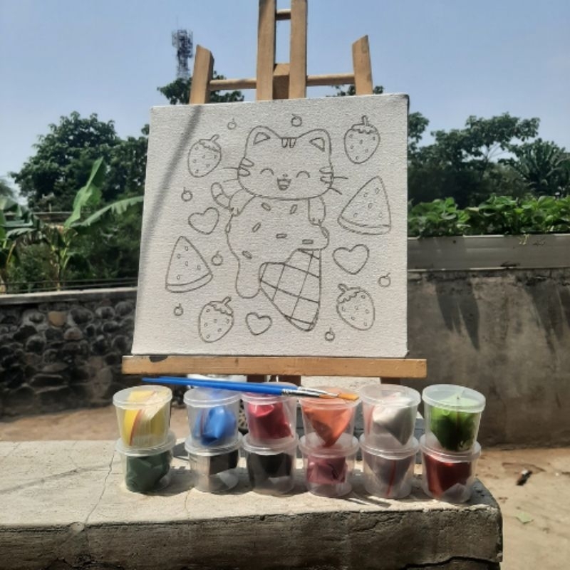 

kanvas lukis ukuran 20x20 sketsa kucing paket lengkap dan hemat 12 warna cat acylic plus kuas 2 pcs
