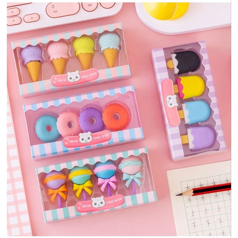 

Penghapus Pensil Set 4IN1 Motif Lolipop / Alat Tulis Penghapus Lucu Isi 4pcs Karakter Donat Eraser Ice Cream Import