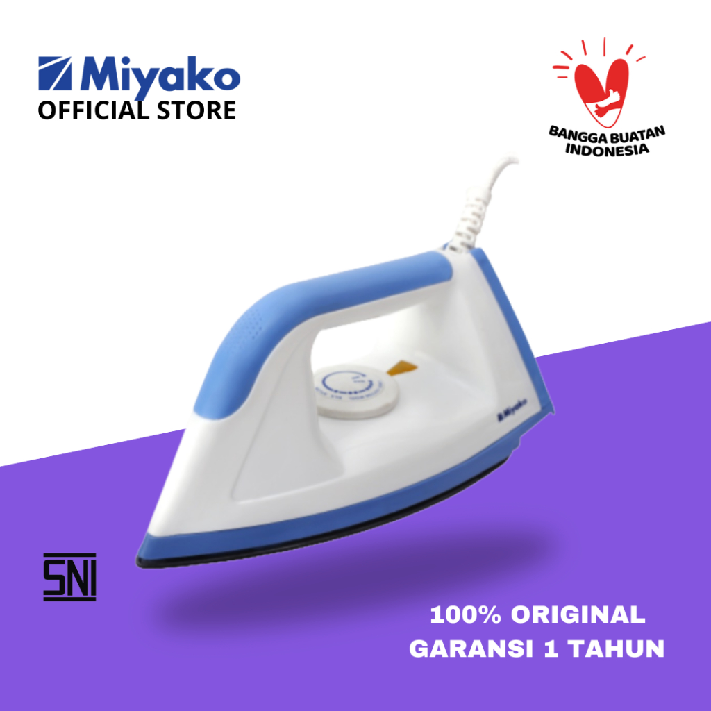 Setrika Miyako EI1008MBL Gosokan Setrika kering anti lengket - 395 WATT -  putih biru