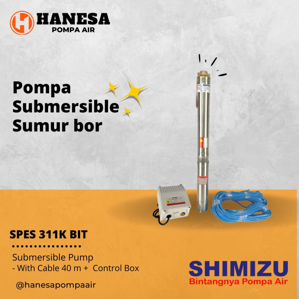 Pompa Celup Sumur Bor (Borehole Pump) Shimizu SPES311-K BIT (1/2HP + W/CABLE 40 m + CB) Pompa Sumur 