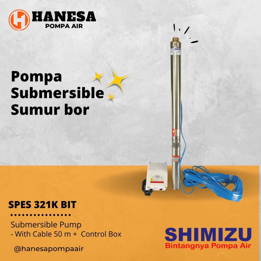 Pompa Celup Sumur Bor (Borehole Pump)  Shimizu SPES 321-K BIT (1HP + W/CABLE 50 m + CB) Pompa Sumur 