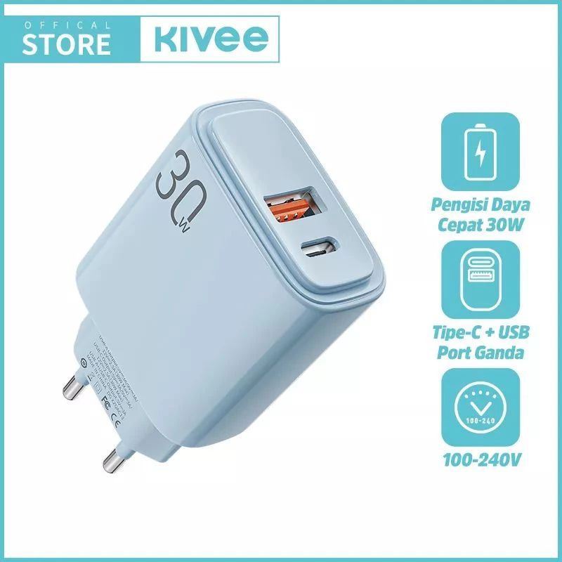 Kepala Charger Kivee 30watt Tipe C+USB Fast Charging