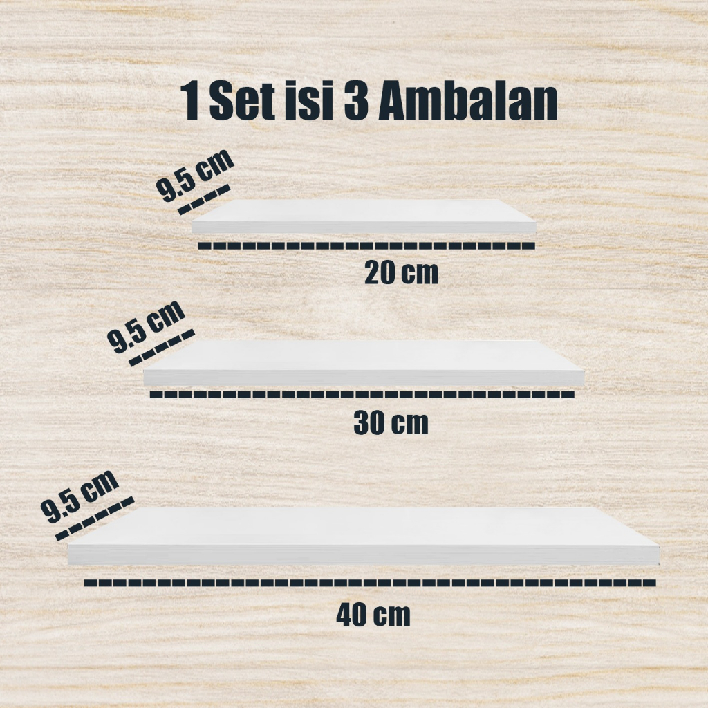 Papan ambalan rak dinding kayu isi 3 papan Ukuran 20x9,5 30x9,5 40x9,5 Warna Putih
