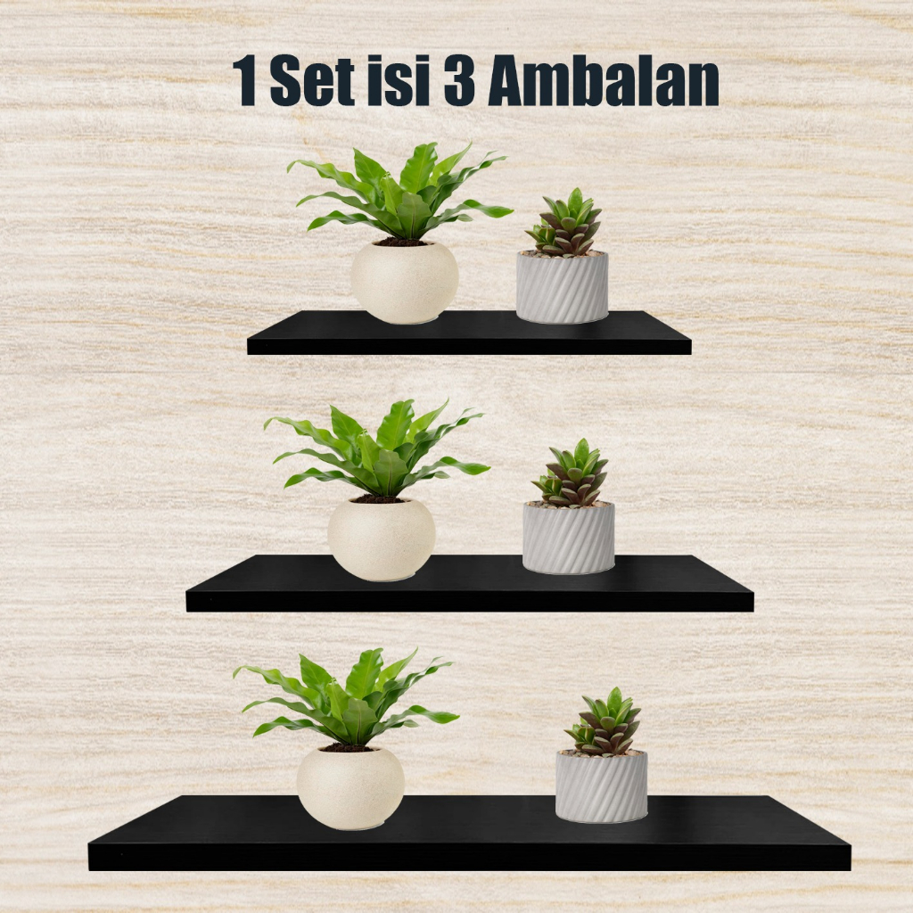 Papan ambalan rak dinding kayu isi 3 papan Ukuran 20x9,5 30x9,5 40x9,5 Warna Putih/Hitam/Coklat