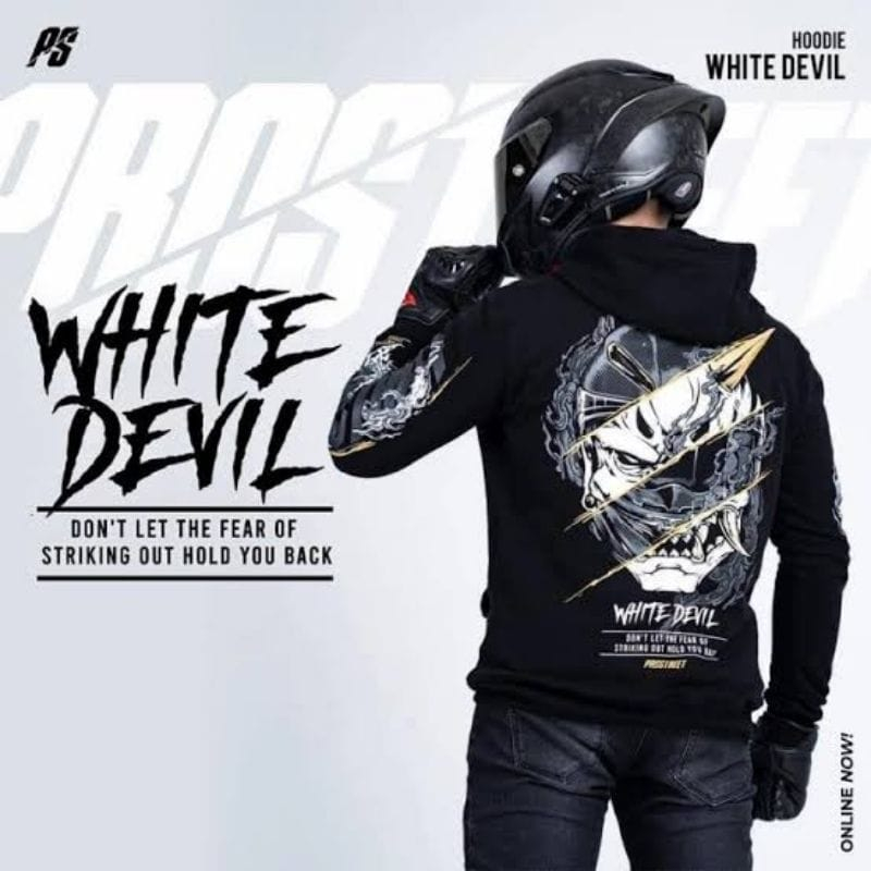 JAKET SWEATER HOODIE PROSTREET WHITE DEVIL - HOODIE PROSTREET WHITE DEVIL HITAM PREMIUM KUALITAS DIS