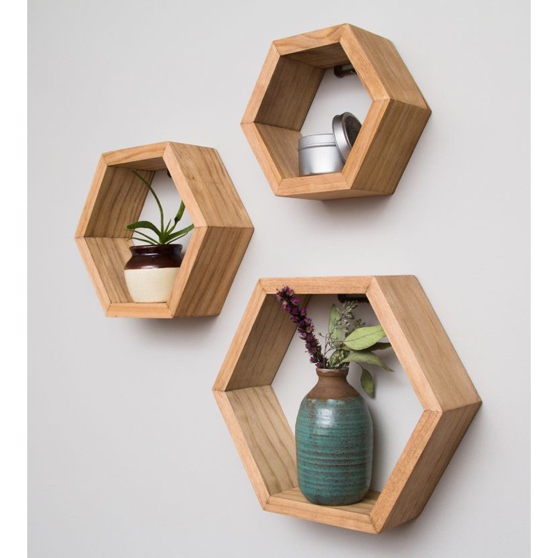 Rak kayu dinding hexagonal