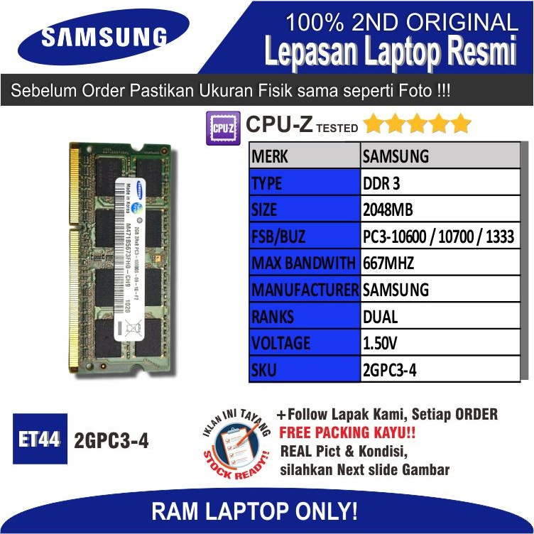 ET44 2GPC3-4 RAM MEMORY Laptop SAMSUNG PC3-10600 2048MB DUAL