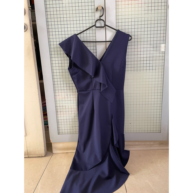 dress midi pesta wedding navy blue preloved