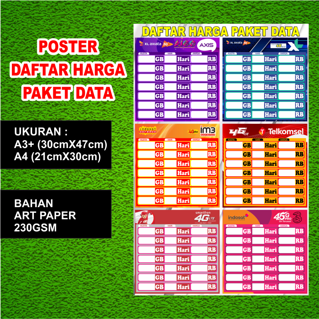 POSTER DAFTAR HARGA PAKET DATA / DAFTAR HARGA KUOTA