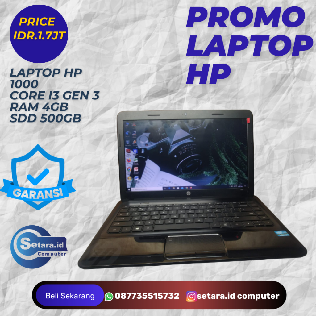 PROMO laptop Hp 1000 core i3 gen 3 hardisk 500gb ram 4gb garansi 30 hari