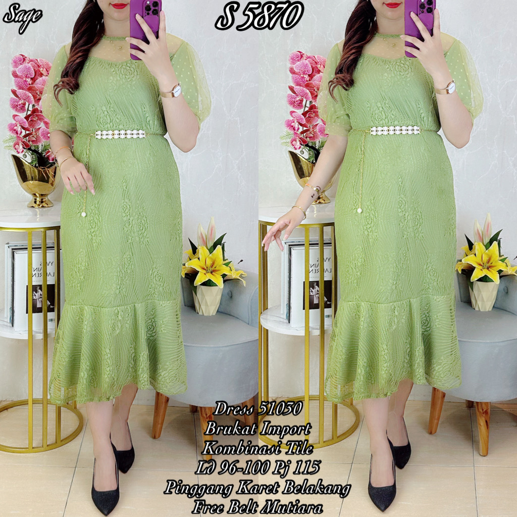 5870# Dress Bahan Brukat Polos Warna Sage Premium