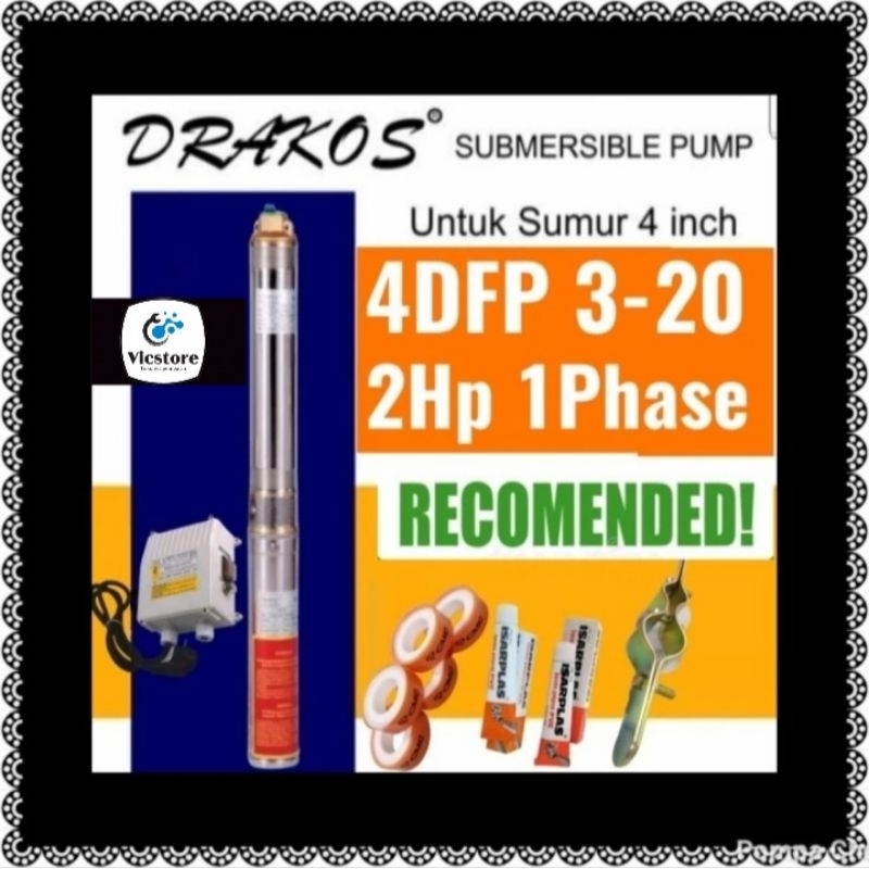 Pompa satelit Drakos 2hp 1phase plus control box submersible 4inch 4"