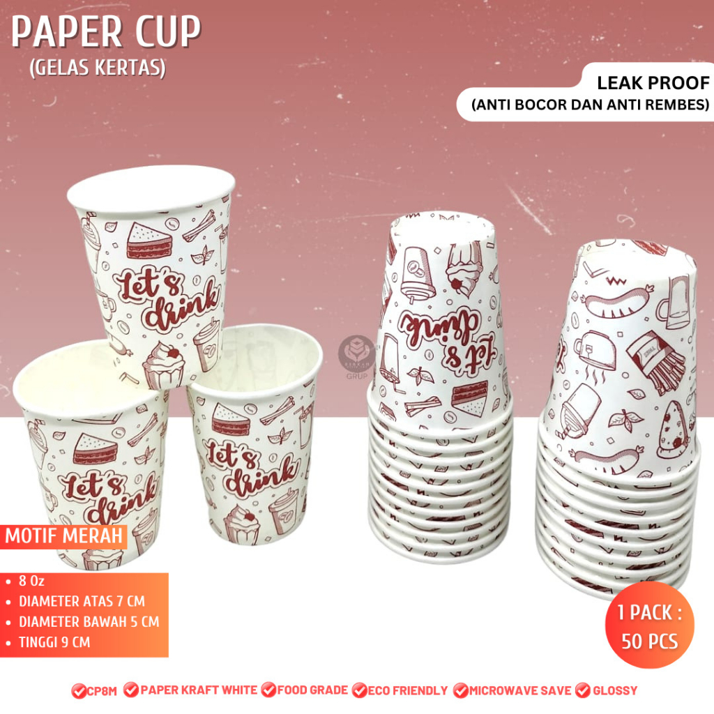 (50 Pcs) Paper Cup Tebal 8oz / Paper cup 8oz Putih Motif / Gelas Kopi 8oz / Hot Paper Cup / CP8M