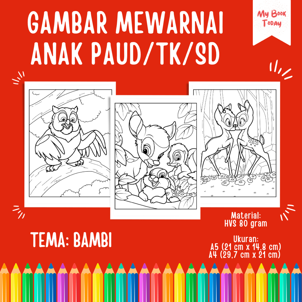 

[My Book Today] Lembar Kertas Sketsa Gambar Mewarnai untuk Anak Sekolah PAUD TK SD Tema Bambi