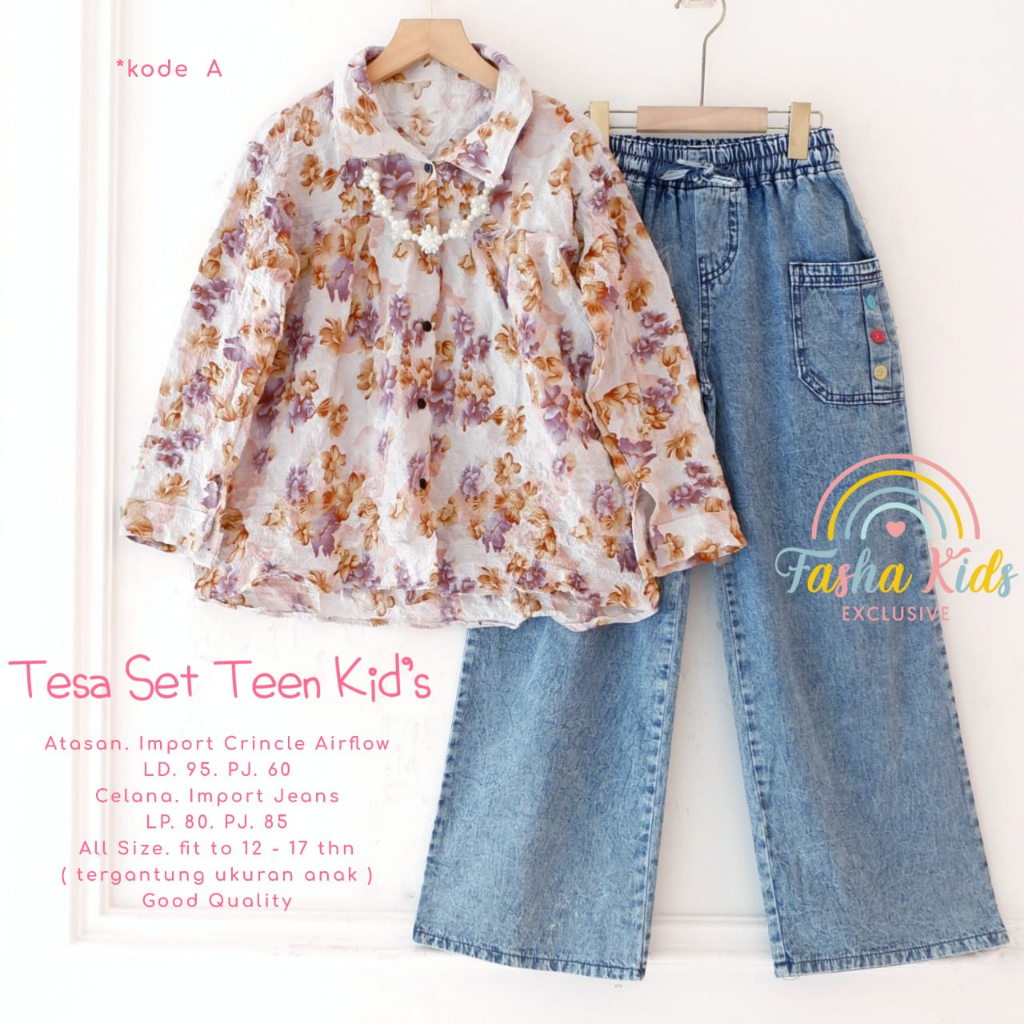 TESA SET TEEN KIDS SETELAN BAJU ANAK REMAJA PEREMPUAN USIA 12-17 TAHUN ONESET ANAK KEMEJA CRINKLE MO