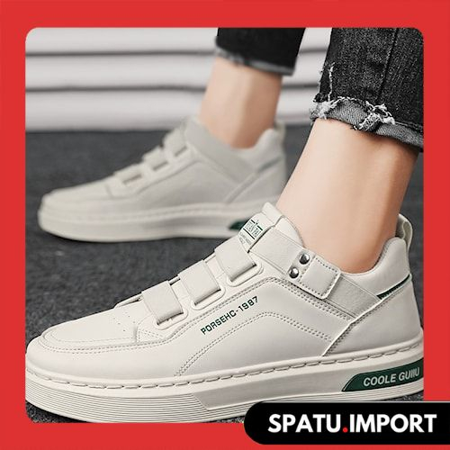 Sepatu Sneakers Wanita Pria Bahan Premium Tanpa Tali Original Putih Cream Hitam Pakai Perekat Model 