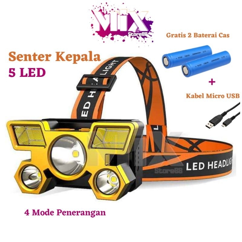 Senter Kepala 5 Led Senter Kepala Cas ulang Senter Camping