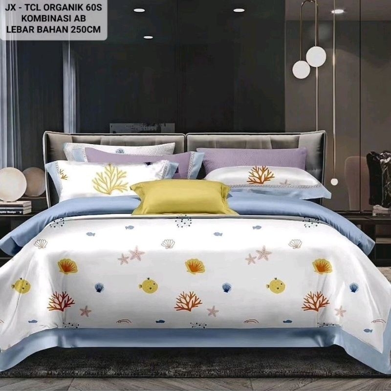 sprei sutra organik 60s terumbu karang bintang laut kerang ikan buntal putih serat bamboo anti alerg