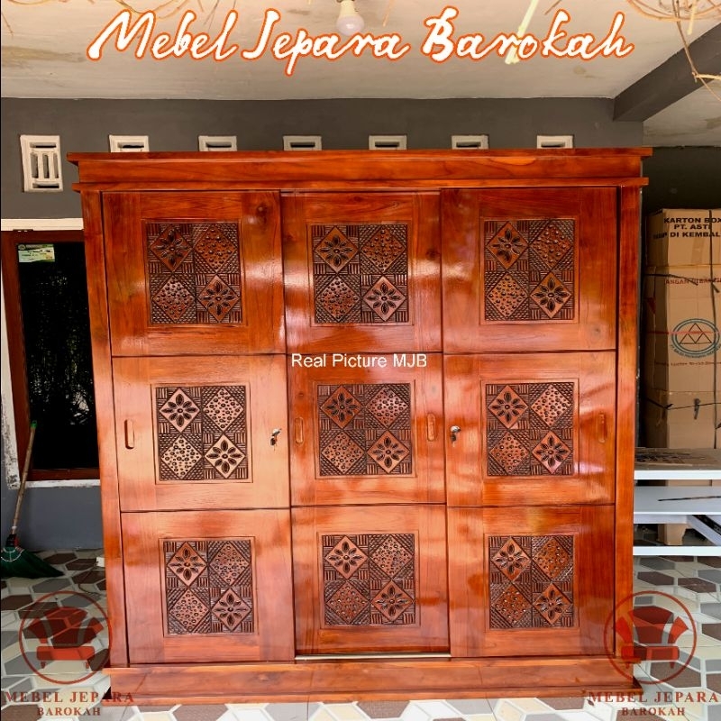 Lemari Pakaian 3 Pintu Sliding Kayu Jati Solid Minimalis Lemari Pakaian Tanpa Cermin