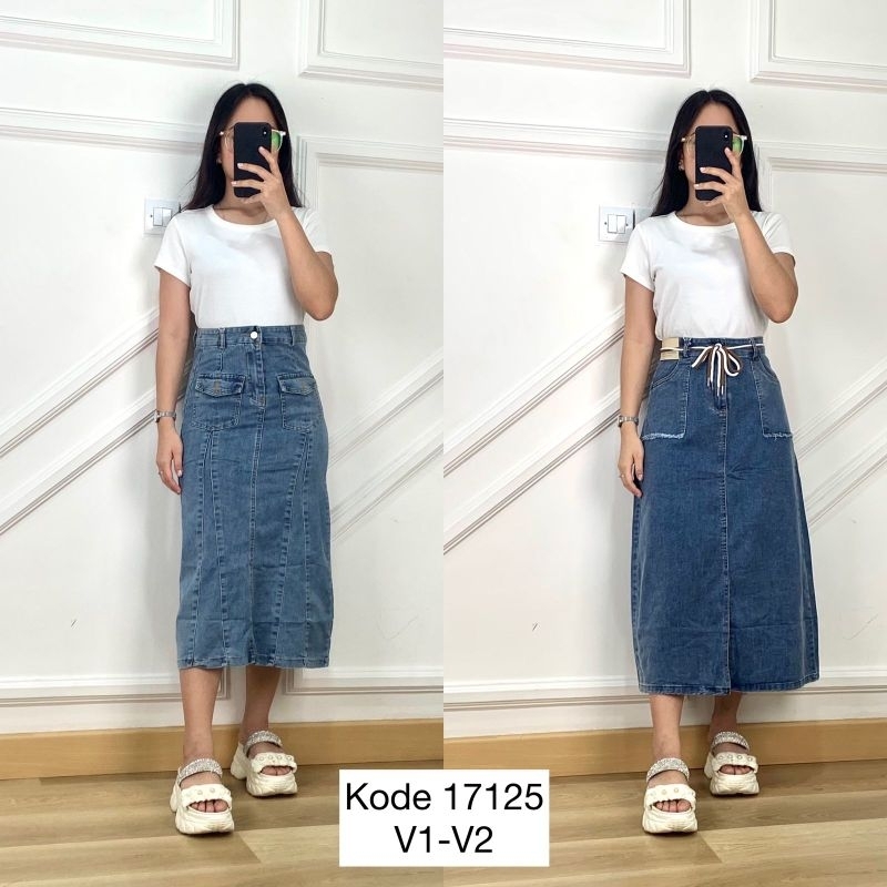 17125  Rok Jeans 7/8 Simple Kekinian Premium/Rok Jeans Liang YI KU 9058 Twin Pocket Saku Slit Belaka