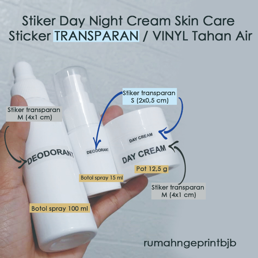 

140 pcs Stiker Day Night Cream Toner Hand Body Skin Care Sticker TRANSPARAN VINYL Tahan Air 2x0,5 cm