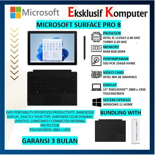 MICROSOFT SURFACE PRO 8 INTEL I5 1135G7 8GB 256GB IRIS XE 12.3 PIXELSENSE TOUCH WIN11HOME GRAPHITE