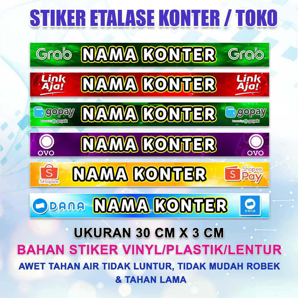 

Stiker Etalase Konter Model E-Wallet, Bahan Vinyl Berkualitas, Murah Harga Per Pcs