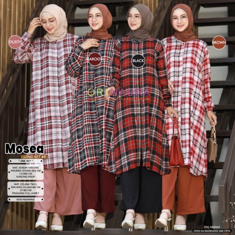 Mosea Long Set Original Ori Naura - Setelan Tunik Syari Rayon - Kemeja Set Motif Kotak - Setelan Leb