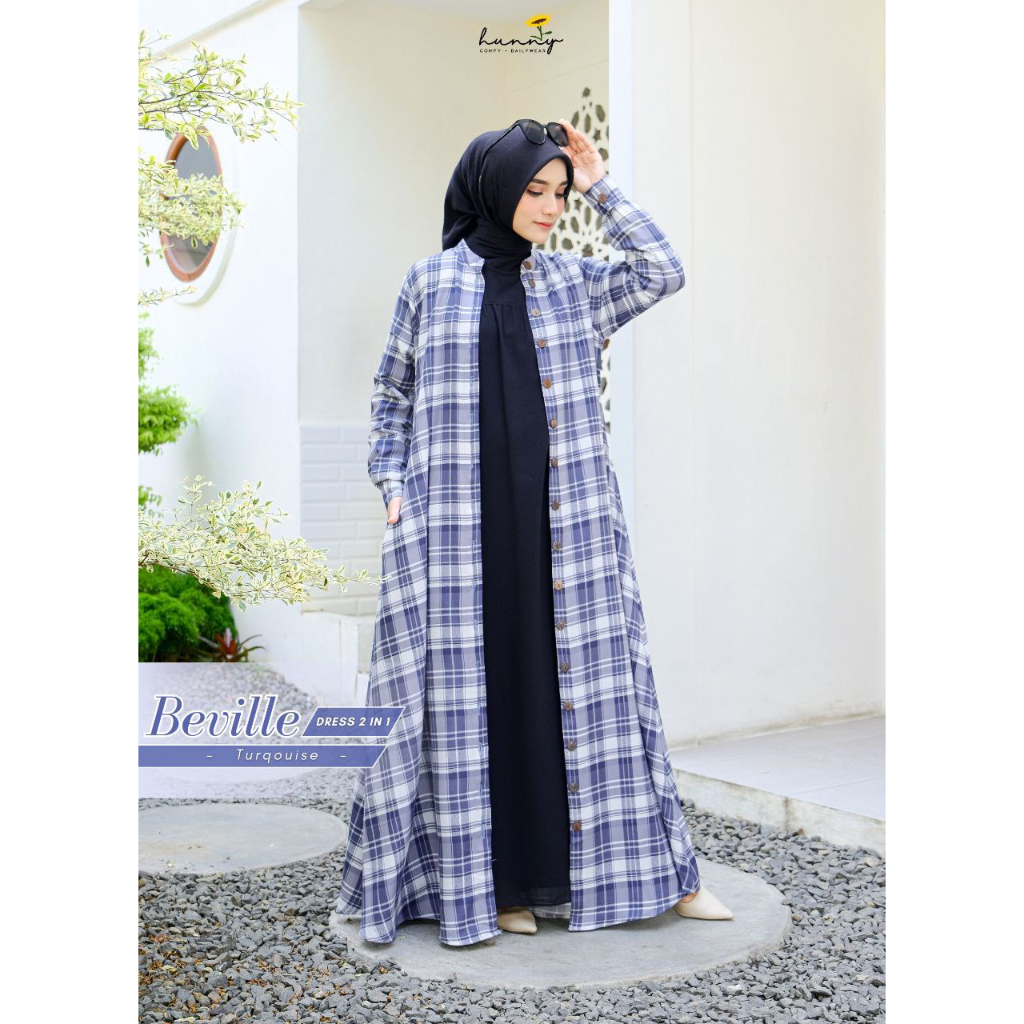 BEVILLE DRESS . gamis outer motif kotak bahan senorita twill keren