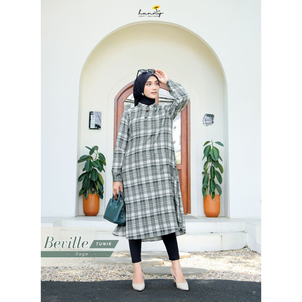 BEVILLE Long tunik remaja motif kotak korean style kekinian