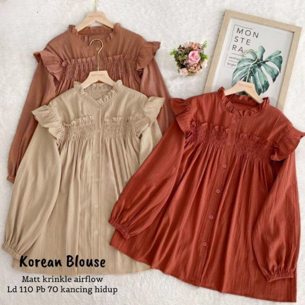 KOREAN BLUS BAHAN CRINKLE AIRFLOW PREMIUM Blus Wanita Terbaru Baju Pakaian Wanita Dewasa Kemeja Polo