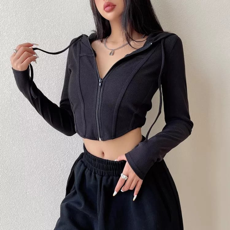 Crop Top Sweater Jaket Zipper Hoodie Knit Rib