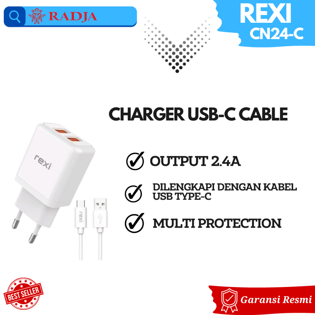 Rexi CN24-C Charger Dual Port USB with Type-C Cable