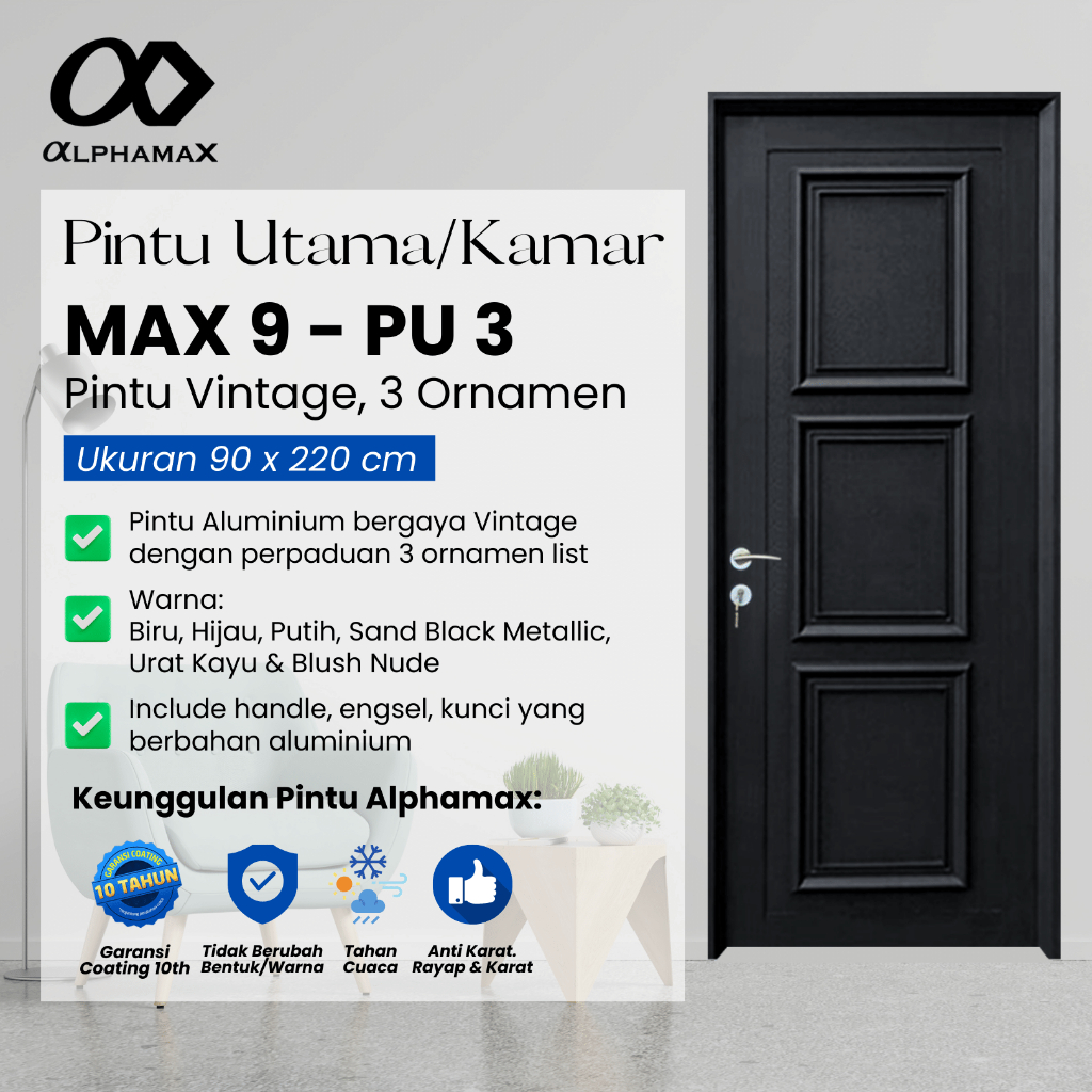 ALPHAMAX Max 9-PU3 Pintu Rumah Pintu Depan Pintu Utama Pintu Kamar Pintu Aluminium Full Panel 3 Orna