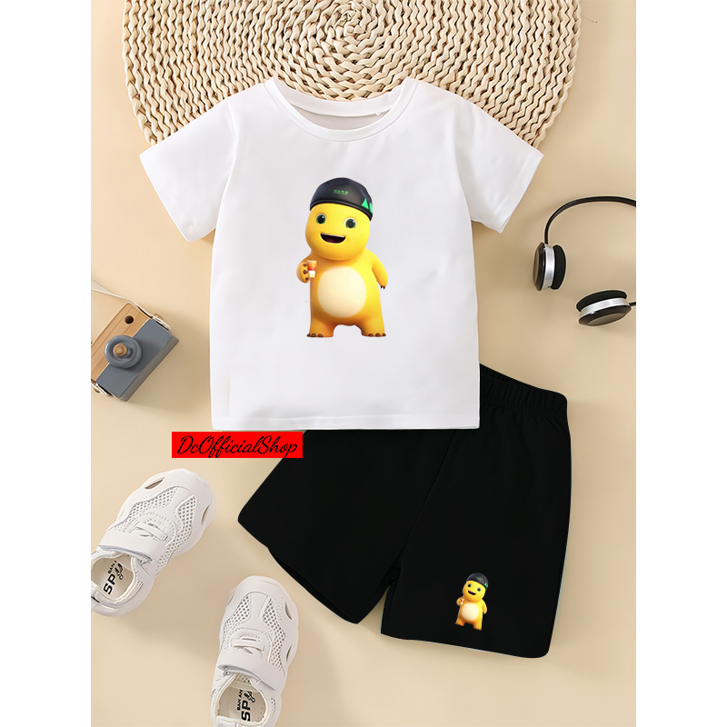 DC SETELAN BAJU ANAK ANAK DINO GEMOY TOPI / SET BAJU ANAK LAKI LAKI DAN PEREMPUAN DINO KUNING GEMOY