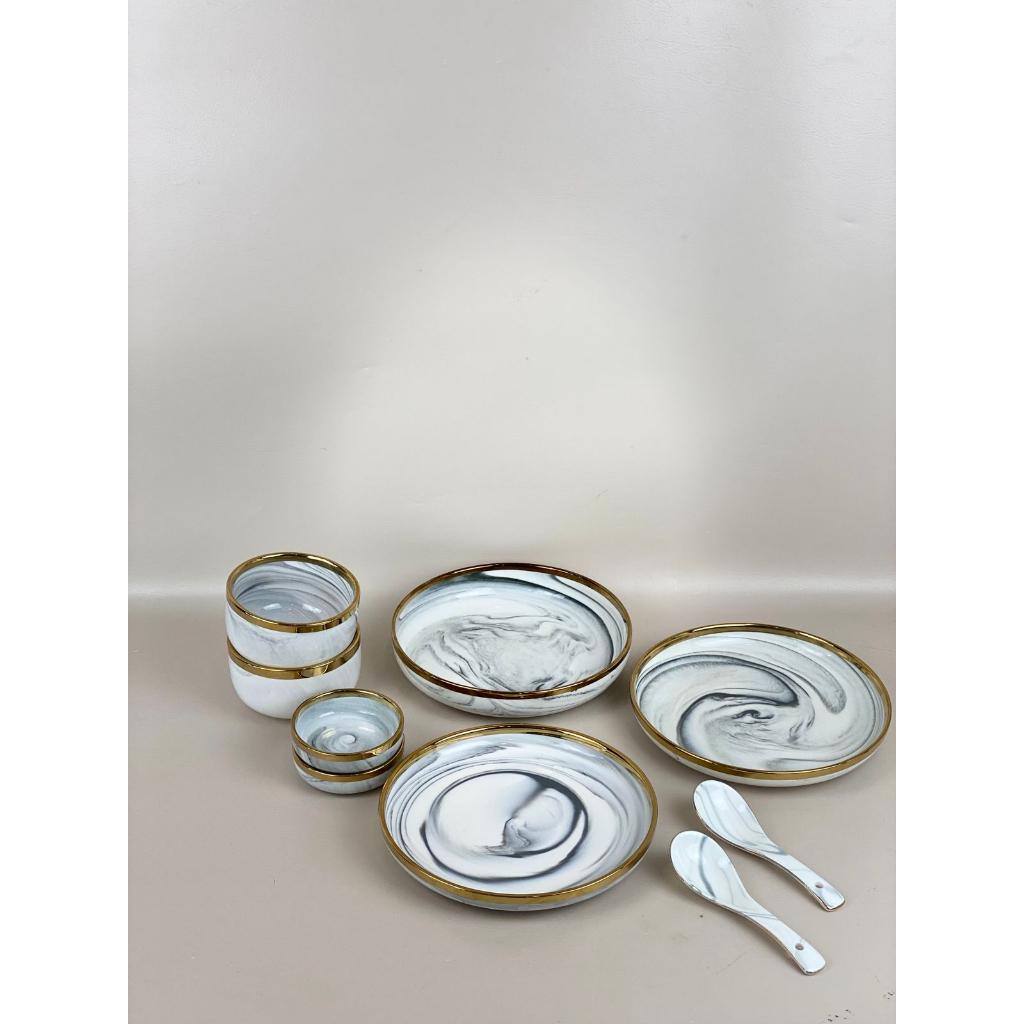 Piring Set 2 Orang Piring Makan Set Keramik Abu Marble Isi 9 Pcs / Piring Set Keramik List Emas / Pi