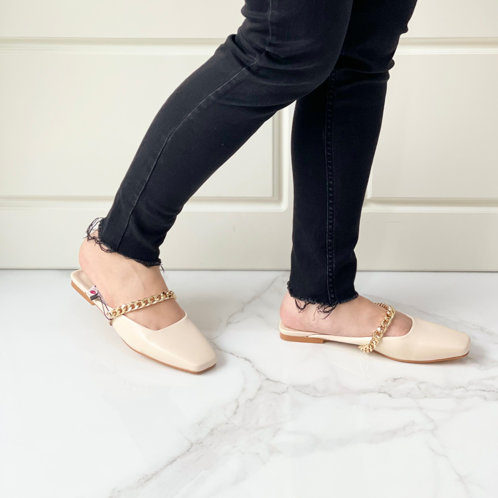 ZR ZARA MULES FLAT SLINGBACK WITH CHAIN WHITE SHOES 01264