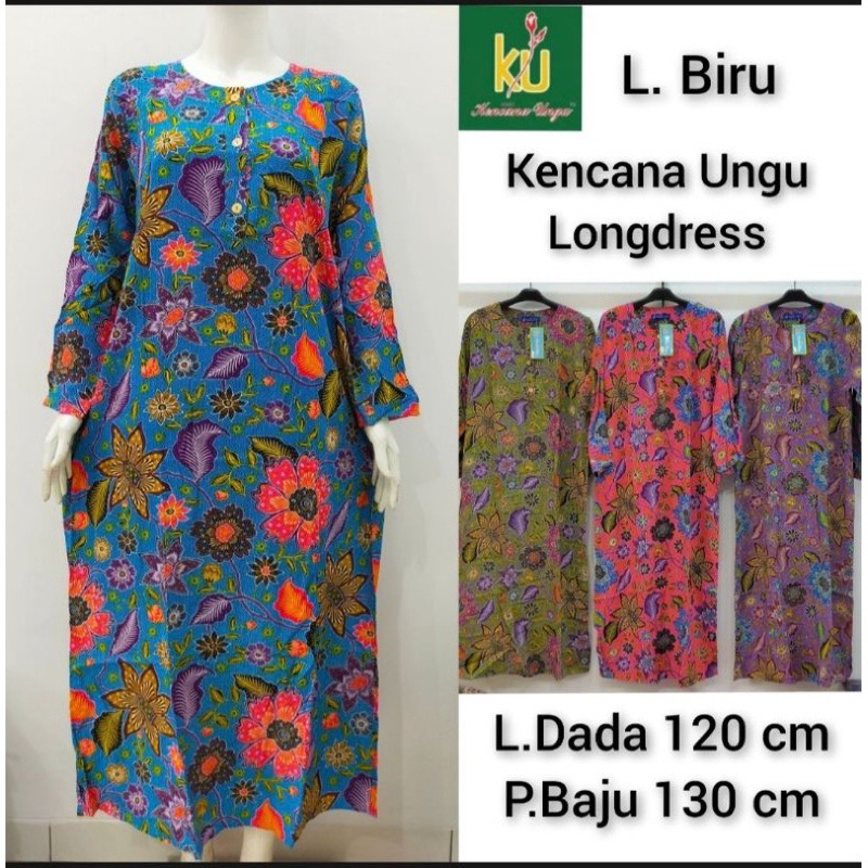 COD |Longdress Lengan Panjang Motif Batik Terbaru Asli Kencana Ungu Label Biru Jumbo Ld.120 cm /Dast