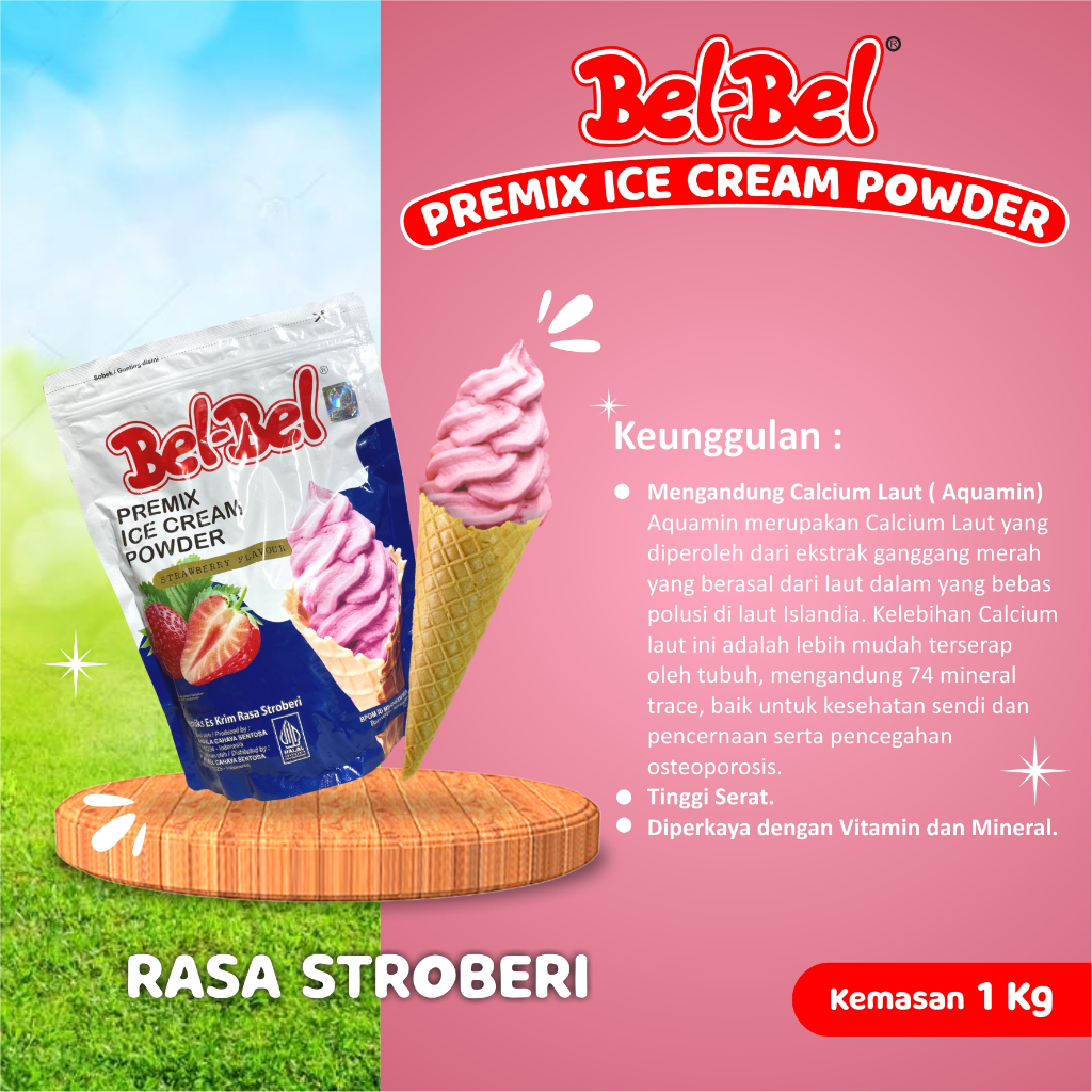 Soft Ice Cream Powder Premix BelBel Rasa Strawberry Kemasan 1 Kg | Halal | BPOM