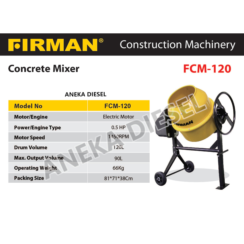 Firman FCM120 / Mesin Molen Listrik Molen Mini Pengaduk Semen 120L / Concrete Mixer